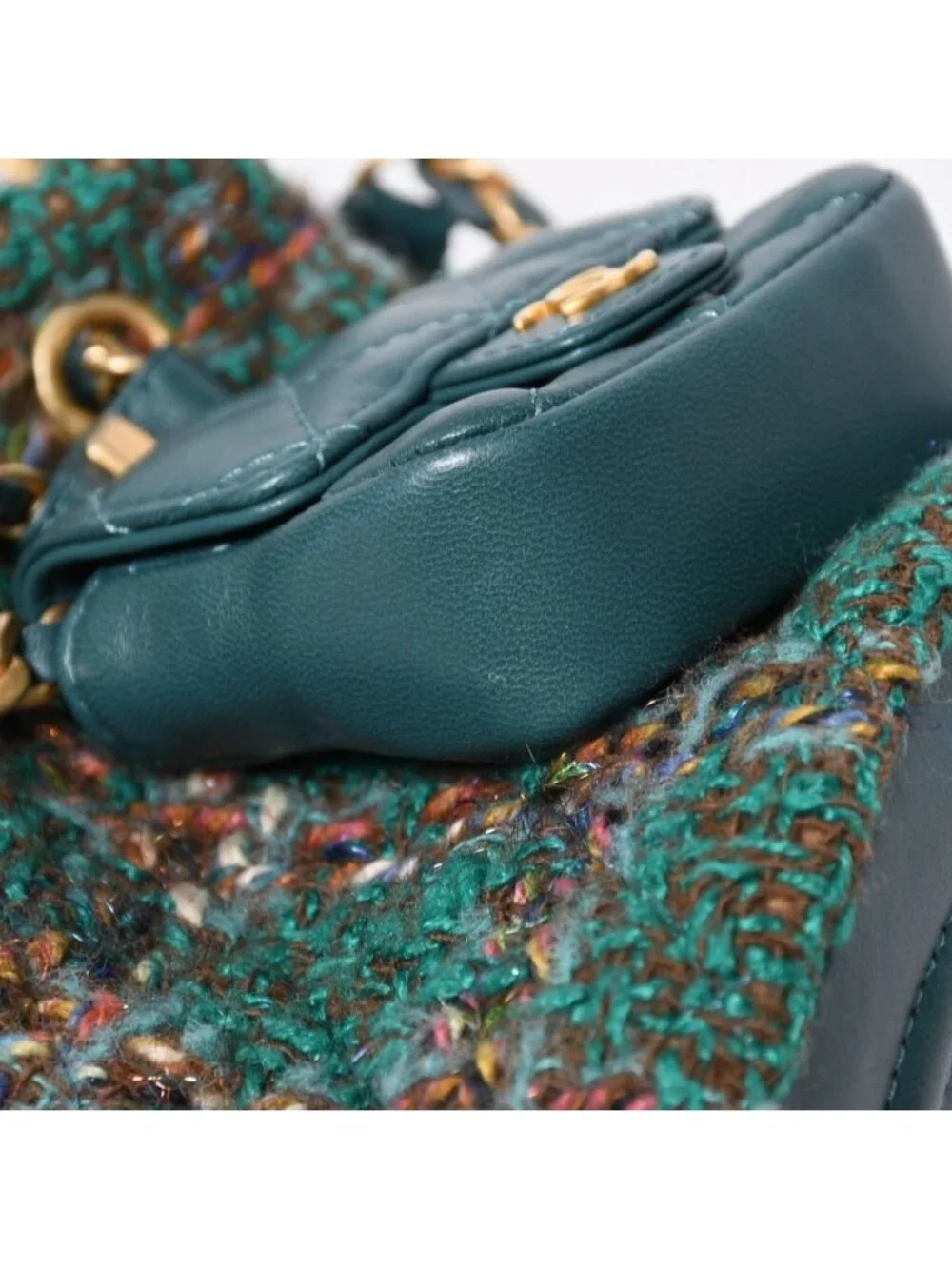 Chanel Small Backpack Base CC Logo Tweed Lambskin Green Gold